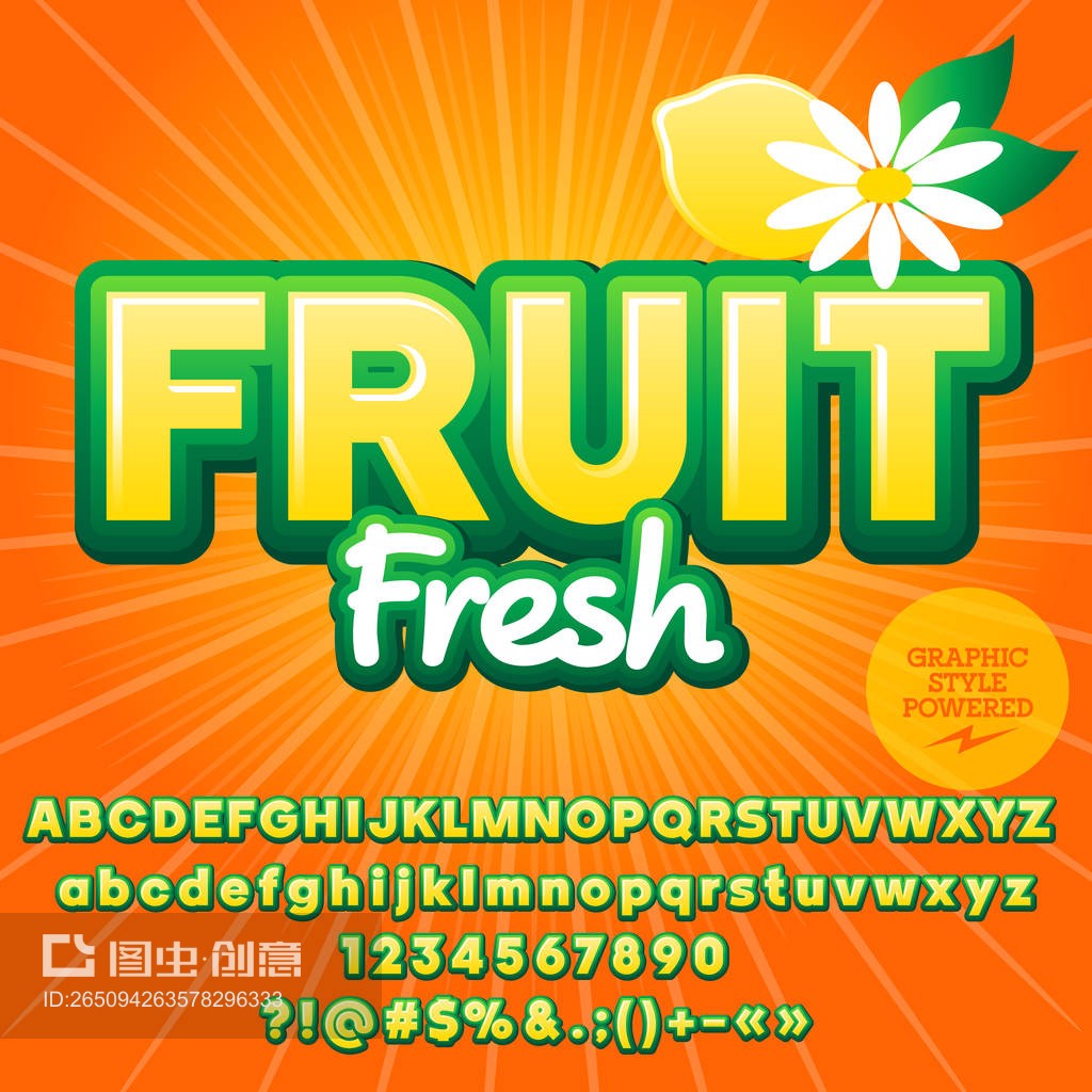 时尚夏季矢量字母表套装。字体与文本水果新鲜。包含图形风格。Trendy summer vector alphabet set. Font with text Fruit Fresh. Contains graphic style.